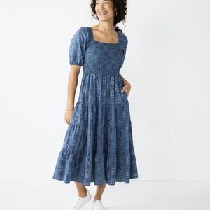 Floral Smocked Tiered Blue Midi Dress Puff Sleeves